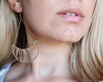 Gold Half Moon Dangling Earrings, Long Moon Earrings, Long Earrings for her, Geometric Modern Earrings, Half Moon Earrings, Greek Jewelry