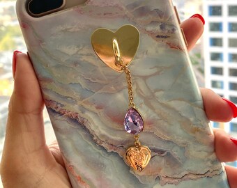 チャームとロケット付きのパーソナライズされた強力なホールド電話グリップ、カスタム電話グリップ、カスタム電話アクセサリー、電話チャーム、電話チャームグリップ