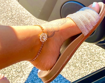 ラウンドラインストーンアンクレット、ラインストーンアンクレット、金メッキアンクレット、太いゴールドチェーンアンクレット