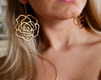 Thick Gold Filigree Rose Earrings Gold statement earrings Rose earrings Drop earrings Gold Rose Earrings Gifts Rose Jewelry