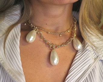 Two in One Statement, Unique Statement Necklace, Mother Of Pearl Necklace One of a Kind Necklace, Big Pearl Necklace, Double Choker Necklace