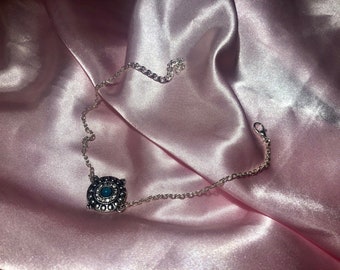 Silver Anklet with Blue and Rhinestone Pendant