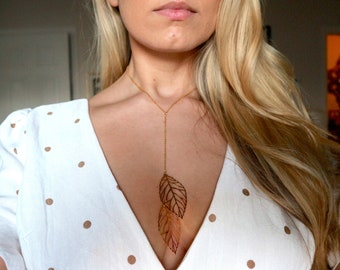 Layering Necklace Choker Gold Lariat Necklace Leaves Lariat Necklace Long Gold Necklace Boho  Necklace Dainty Necklace