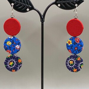Red, Blue, Black, and Floral Recycled Fabric Droplet Earrings