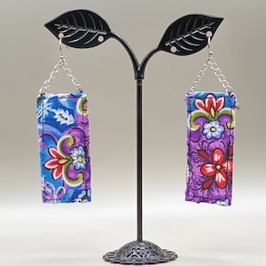 Purple Floral Recycled Fabric Rectangle Dangle Earrings