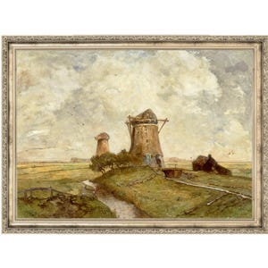 Countryside Windmills | Vintage Painting | Antique Wall Art | | Vintage Art Prints | Gallery Wall Art | Wall Decor | Landscape Painting