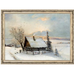 Winter Cabin | Vintage Painting | Winter Landscape | Snowy Cabin | Winter Trees | Antique Artwork | Holiday Decor | Christmas Art