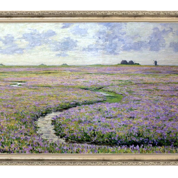 Creek in Flower Field | Antique Art | Flower Field Painting | Landscape Art | Downloadable Print | 112