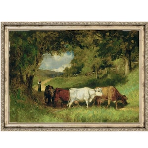 Cattle Drive Vintage Painting| Landscape Painting | Cattle Drive Art | Cows | Antique Art | Farmhouse Decor | Wall Art