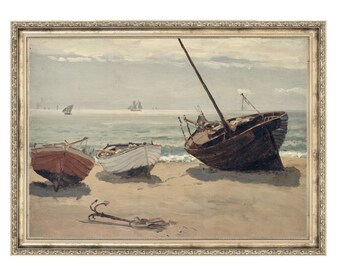 Boats | Antique Painting | Vintage Art Prints | Oceanside Boats | Ocean Painting | Original Art | Vintage Painting