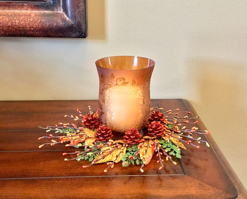 pip berry and pinecone candle ring Fall home decor Autumn candle ring centerpiece Autumn Thanksgiving candle ring Harvest candle ring