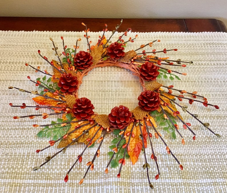 pip berry and pinecone candle ring Fall home decor Autumn candle ring centerpiece Autumn Thanksgiving candle ring Harvest candle ring