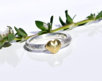Heart of Gold Engagement Ring – Hammered Silver Ring with Solid Gold Heart – Unique Ring – Handmade Statement Ring – Symbol of True Love