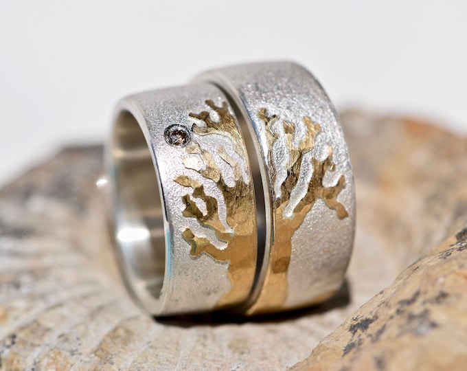 Wedding rings silver with red gold, diamond and tree of life as partner rings or anniversary gift