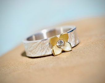 Ring with diamond I flower ring I silver rings women I engagement rings silver I bicolor