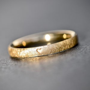 Minimalist Gold Engagement Ring, Thin Stacking Ring, Wedding Band, Heart Engraved Ring, Dainty 585 Gold Ring, Handmade