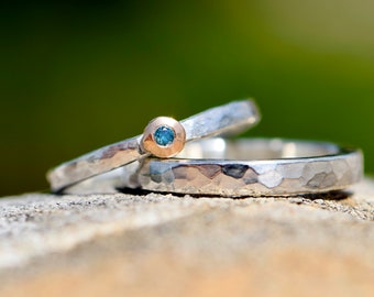 Wedding rings silver with blue diamond and hammered surface