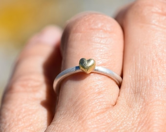Silver Ring with Gold Heart, Dainty Heart Ring, Minimalist Engagement Ring, Mothers Day Gift, Stacking Ring, Gift for Girlfriend, Gold Heart
