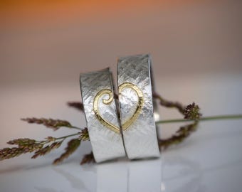 Wedding rings made of silver, hammered with a heart made of gold (divided) *One HEART, one SOUL*