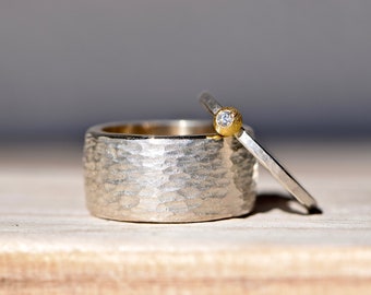 Wedding rings silver hammered with gold and diamond "Through THICK and THIN"