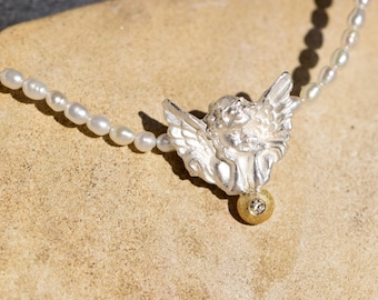 Guardian Angel Silver Gold Diamond Pearl Necklace