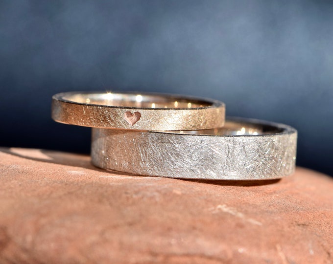 Engagement rings silver and rose gold or friendship rings with engraved heart