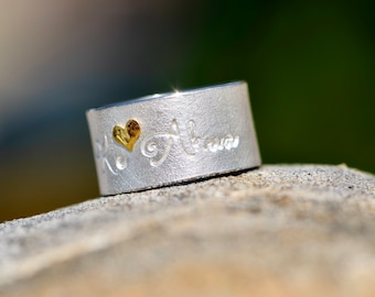 Silver ring with engraving and heart *ALOHA KE AKUA*