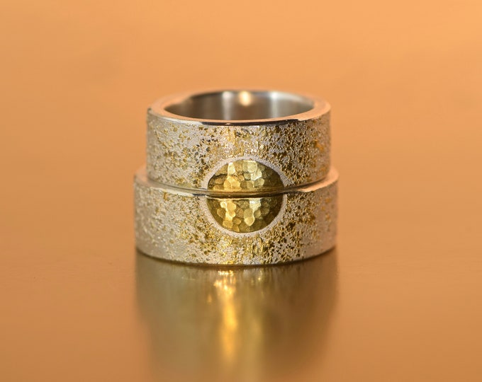 Couple rings individual wedding rings silver and gold hammered and handmade *Sunrise*