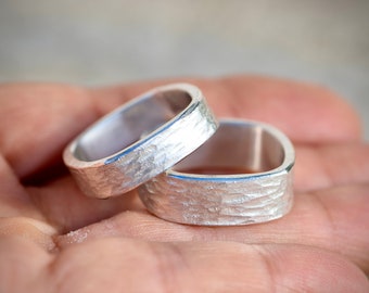 Hammered silver wedding rings square