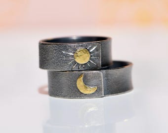 Sun Moon Ring Set black silver gold I modern wedding bands I matching couple rings handmade I unique engagement rings