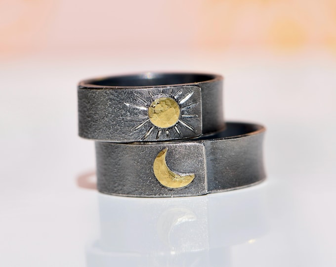 Sun Moon Ring Set black silver gold I modern wedding bands I matching couple rings handmade I unique engagement rings