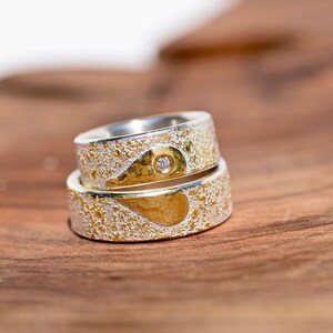 Wedding rings hand-forged from silver with HEART made of gold and brilliant MI CORAZÓN image 4