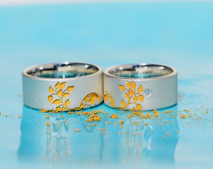 wedding rings with World Tree engraving