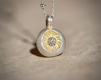 Silver Pendant with Silver Nugget, Fine Gold & Sun Symbol with Diamond – Protective Talisman
