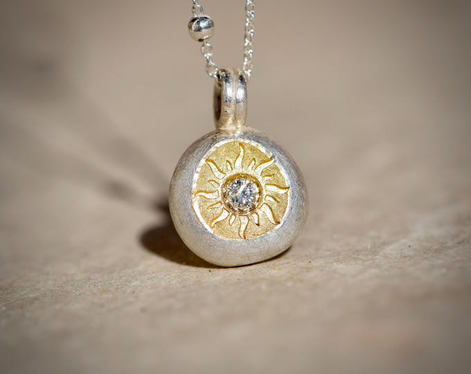 Silver Pendant with Silver Nugget, Fine Gold & Sun Symbol with Diamond – Protective Talisman