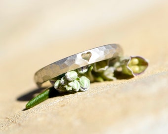 Hammered silver engagement ring with heart