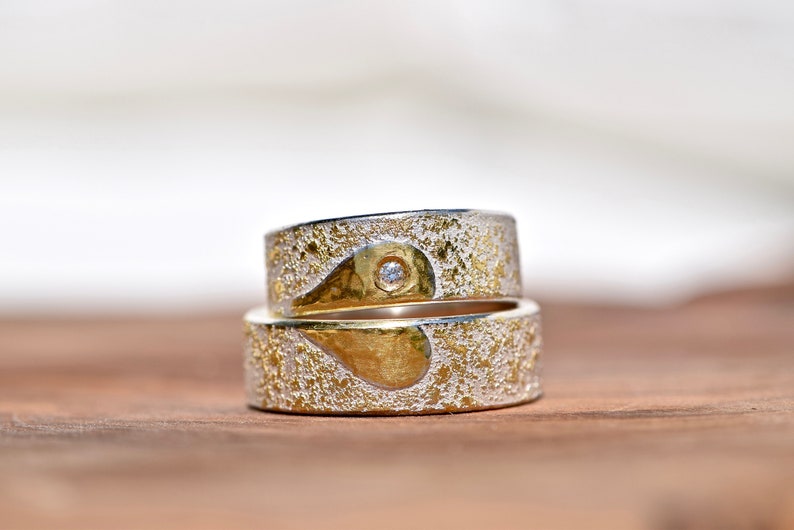 Wedding rings hand-forged from silver with HEART made of gold and brilliant MI CORAZÓN image 3