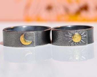 Sun Moon Ring Set oxidized silver rings with gold handmade wedding bands alternative engagement rings symbolic couple rings