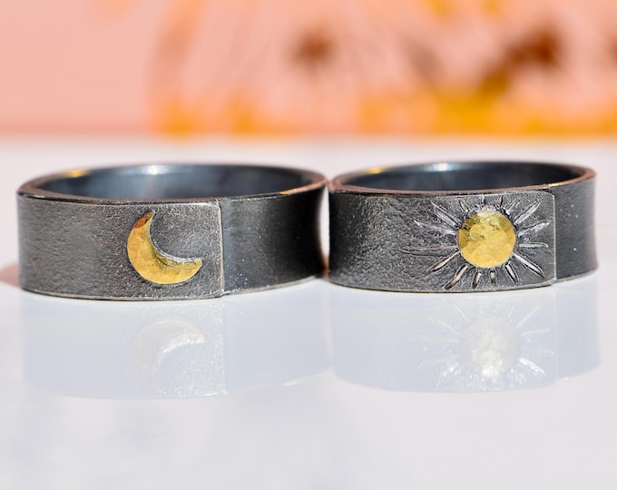 Sun Moon Ring Set oxidized silver rings with gold handmade wedding bands alternative engagement rings symbolic couple rings