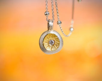 Silver Pendant with Silver Nugget, Fine Gold & Sun Symbol with Diamond – Protective Talisman