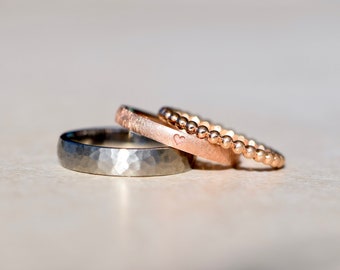 Wedding rings set hammered platinum rose gold with heart and ball ring