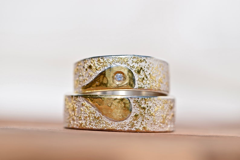 Wedding rings hand-forged from silver with HEART made of gold and brilliant MI CORAZÓN image 2