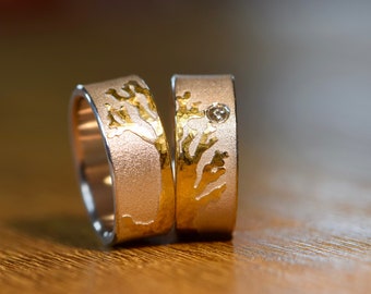 Wedding rings made of silver with gold and diamond TREE OF LIFE