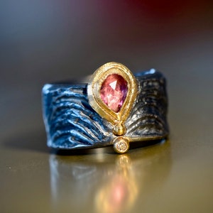 Wide silver ring with sapphire and gold, unique piece