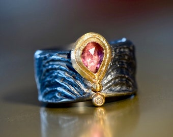 Wide silver ring with sapphire and gold unique
