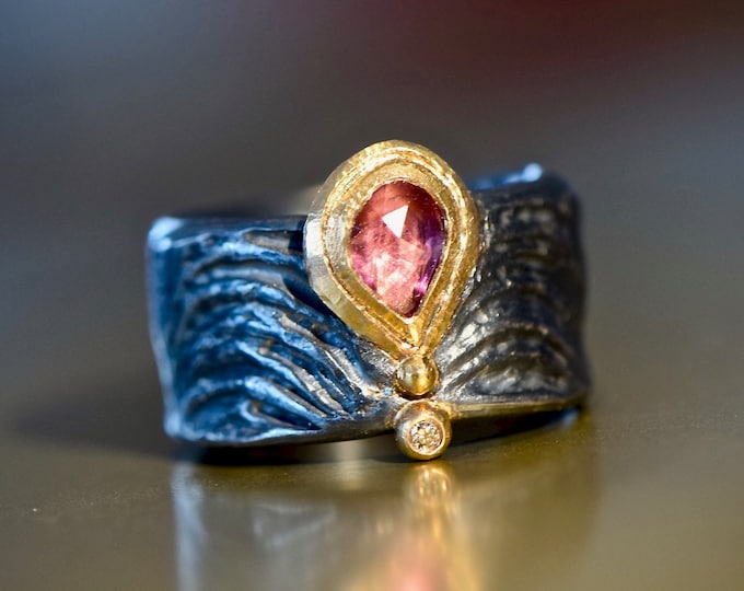 Wide silver ring with sapphire and gold unique
