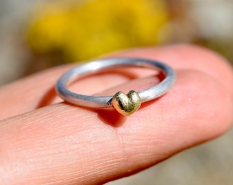Silver Ring with Gold Heart, Dainty Heart Ring, Minimalist Engagement Ring, Mothers Day Gift, Stacking Ring, Gift for Girlfriend, Gold Heart