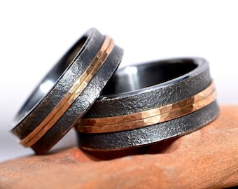 Wedding rings *DUO* silver red gold blackened hand forged