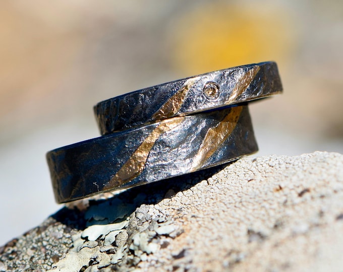 Black Silver Wedding Rings with Diamond – textured wedding bands, rustic engagement rings, organic matching rings Rio Salvaje