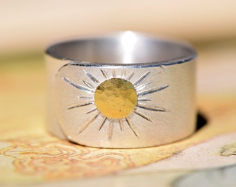 Wide silver ring with sun symbol INTI